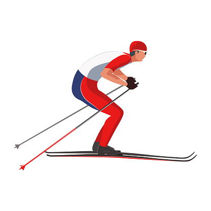 A skier in red sportswear is skiing using Ski poles and skis.