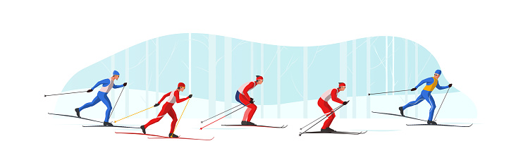 Skiers in sportswear are skiing using Ski poles and skis. Athletes participate in winter sports competition.