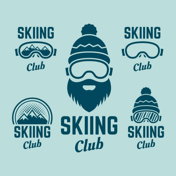stockillustraties, clipart, cartoons en iconen met skiclub set van gekleurde vector labels, badges, emblemen en logo's, skiër gezicht met baard, ski-bril, winter hoed - posing with ski