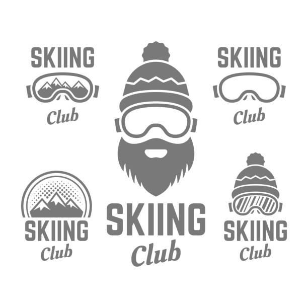 stockillustraties, clipart, cartoons en iconen met skiclub reeks vectoretiketten, kentekens, emblemen en emblemen die op witte achtergrond worden geïsoleerd - posing with ski
