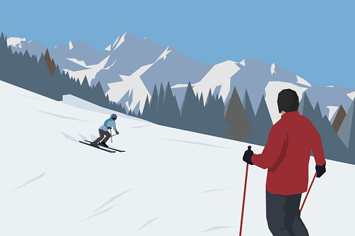 Skiing in high mountains, flat design vector illustration. Downhill skiier
