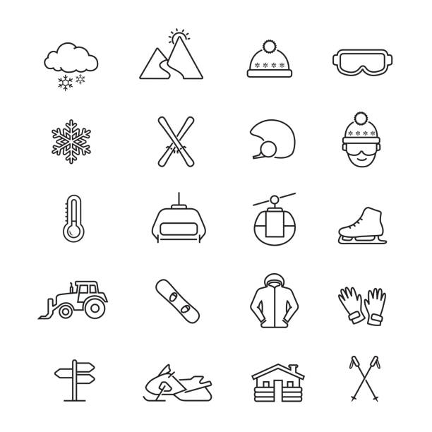 Skiing Winter sports line icons Skiing Winter sports thin line icons, Set of 20 editable filled, Simple clearly defined shapes in one color. winter symbols stock illustrations