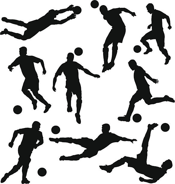 Skilled Soccer Players Silhouettes Every image is placed on separate layer.  football clipart black and white stock illustrations