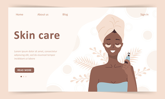 Skin care concept. Landing page template. African woman do cosmetic spa procedures for face. Morning routine. Eye patches and cream. Organic products. Vector illustration in flat cartoon style