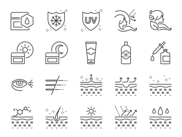 Skin care icon set. Included icons as collagen, medical cosmetic, sunscreen, facial cream, healthy skin, wrinkle and more. Skin care icon set. Included icons as collagen, medical cosmetic, sunscreen, facial cream, healthy skin, wrinkle and more. ultraviolet light stock illustrations