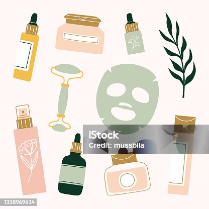 istock Skincare routine products sheet mask, face roller, serum, essential oil, moisturizer, mist, toner, cleansing balm and essence. 1338969634