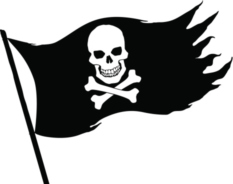 A skull and crossbones black and white pirate flag