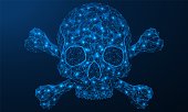 Skull and crossbones. Danger warning sign. Polygonal construction of concatenated lines and points. Blue background.
