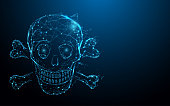 Skull and crossbones form lines, triangles and particle style design. Illustration vector