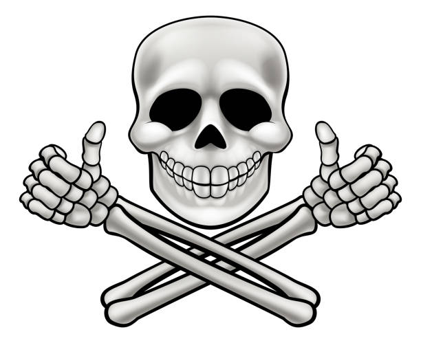 Skull and Crossbones Illustration Cartoon Halloween pirate skull and cross bones skeleton giving a thumbs up illustration skull logo stock illustrations