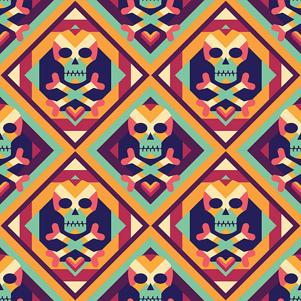 Skull and heart and geometric background - seamless vector pattern Skull and heart on colored geometric background - seamless vector pattern. Abstract geometric seamless vector background. Design element. tibetan culture stock illustrations