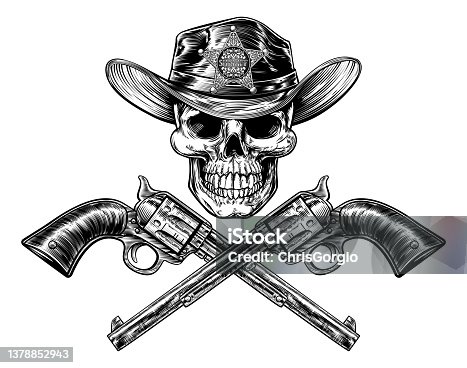 istock Skull Cowboy Sheriff with Crossed Pistols 1378852943