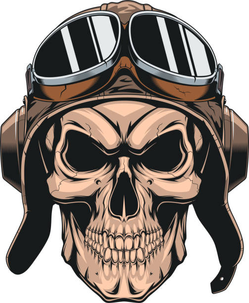 skull in helmet pilot Vector illustration of a wicked skull in the pilot's helmet, on a white background drawing of fighter planes stock illustrations