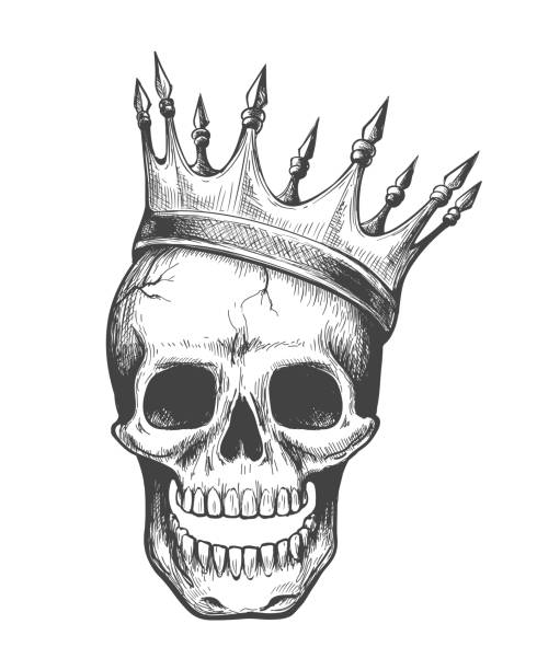 Skull king tattoo Skull king. Evil in crown ink style vector illustration, dead head coronation horror graphic, war face with diadem tattoo image on white crown headwear stock illustrations