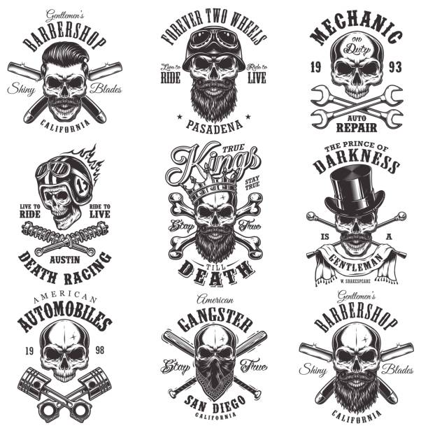 Skull monochrome emblems Vintage monochrome emblems with skull. Vector illustration. skulls tattoos stock illustrations