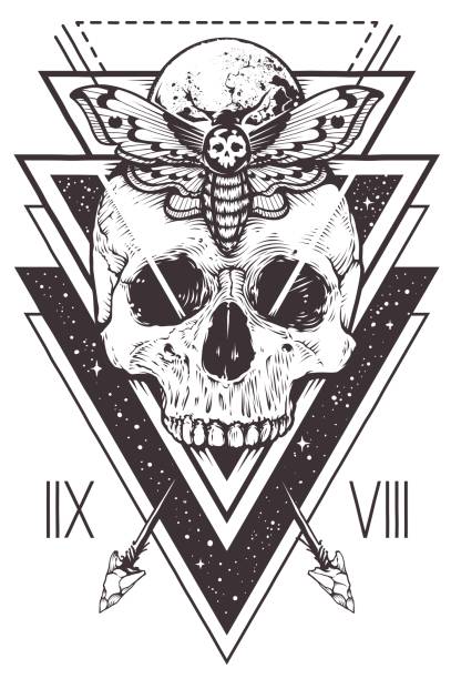 Skull Sacred Geometry Design Vector boho design of skull with hawk moth and sacred geometric elements, arrows, hipster triangles, mystical symbols. Tattoo style graphic design. Vector monochrome art isolated on white. skulls tattoos stock illustrations