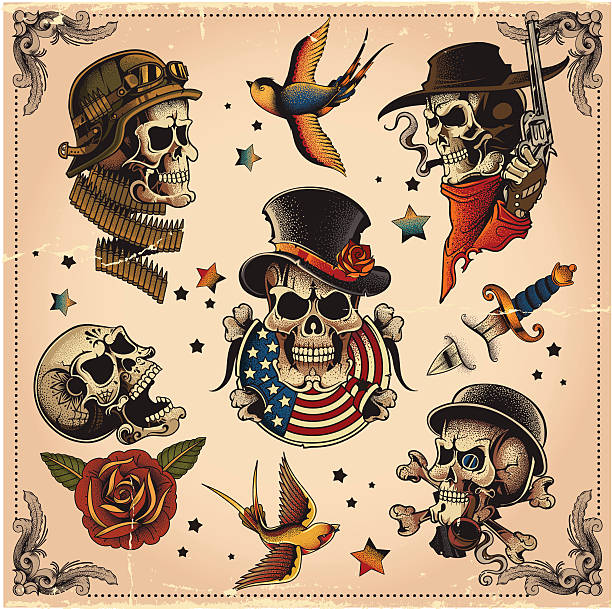 Skull set Classic tattoo flash set. skulls tattoos stock illustrations