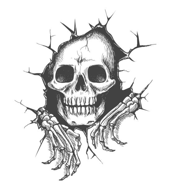 Skull with hands Skull with hands. Skeleton death in hole, evil handsand face vector illustration for tattoo or scary halloween image skulls tattoos stock illustrations
