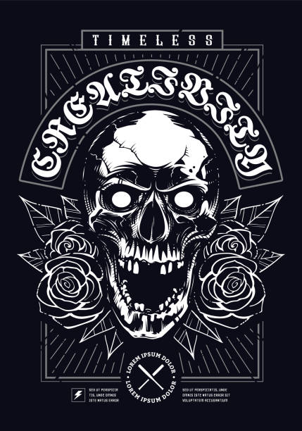 ilustrações de stock, clip art, desenhos animados e ícones de skull with roses grunge print design - rock rose