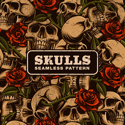 Skull with roses seamless pattern
