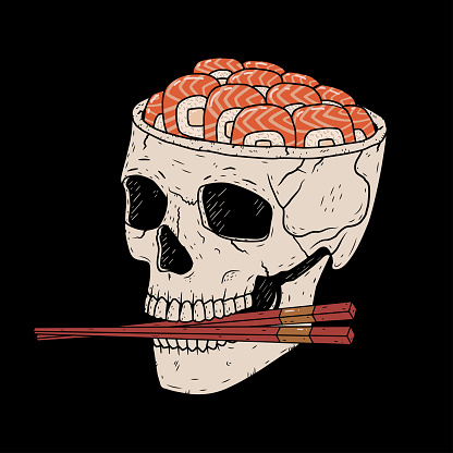 Skull with sushi instead of brain vector illustration on black background