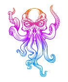 Evil skull-octopus mascot in engraving technique. Vector illustration isolated on white.