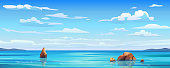 istock Sky and sun at sea background, ocean and beach vector island scenery empty flat cartoon. Ocean or sea water with waves and clouds in sky, summer blue seascape with cloudy sky and seaside panorama 1264799981