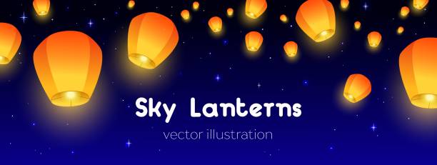 Sky lanterns Flying Sky lanterns horizontal banner. Background Diwali festival, Mid Autumn Festival or Сhinese festive. Luminous floating lamps in the night sky with place for text. Color vector illustration chinese lantern stock illustrations