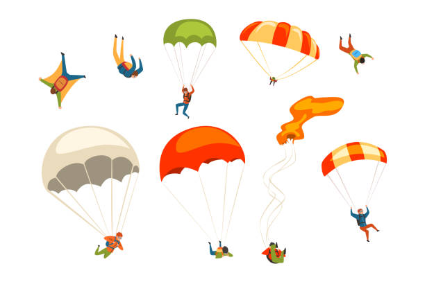 Skydivers flying with parachutes set, extreme parachuting sport and skydiving concept vector Illustrations on a white background Skydivers flying with parachutes set, extreme parachuting sport and skydiving concept vector Illustrations isolated on a white background. parachuting stock illustrations