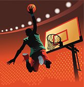 Basketball player jumping high about to slam the ball through the basketball hoop.