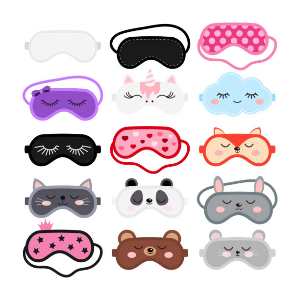 Sleep masks set, eye cover flat design cartoon vector illustration. Sleep masks set. Eye protection wear accessory collection - cute animal faces, pink, black color. Relaxation blindfolds isolated on white background. Eye cover flat design cartoon vector illustration eye mask stock illustrations