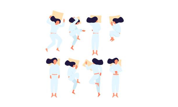 Sleep positions vector illustration Sleep positions vector illustration. Flat female character in eight different poses for sleeping: soldier, starfish, metal, on stomach, on side. Healthcare concept. sleeping stock illustrations