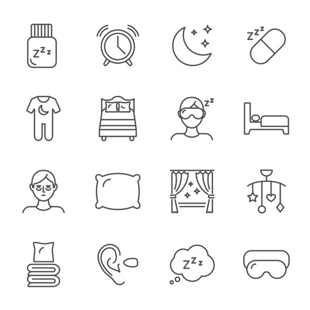 ilustraciones, imágenes clip art, dibujos animados e iconos de stock de sueño conjunto de estilo de línea de iconos de vector - sleeping