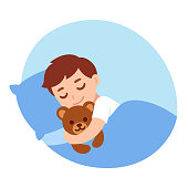 Cute cartoon little boy sleeping with teddy bear. Simple vector illustration.