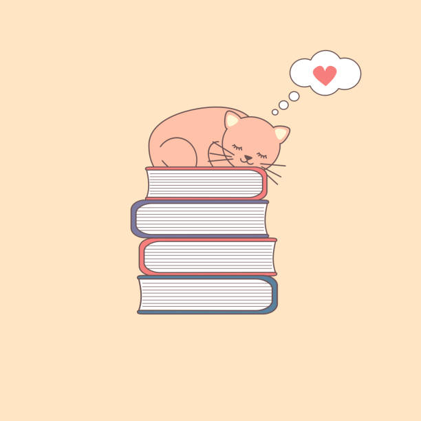 ilustrações de stock, clip art, desenhos animados e ícones de sleeping cartoon cat on a pile of books vector illustration - book cat