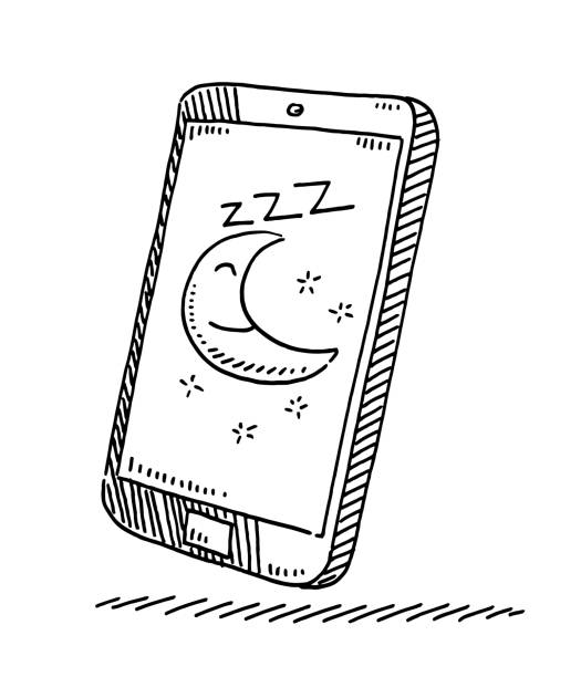 Sleeping Cartoon Moon On Smartphone Drawing Hand-drawn vector drawing of a Sleeping Cartoon Moon On a Smartphone. Black-and-White sketch on a transparent background (.eps-file). Included files are EPS (v10) and Hi-Res JPG. sleeping drawings stock illustrations