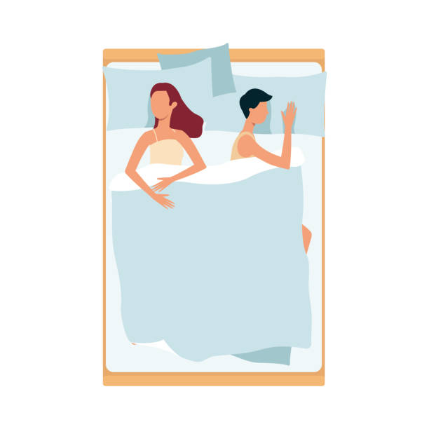 ilustrações de stock, clip art, desenhos animados e ícones de a sleeping flat couple, a man sleeping on his side, a woman sleeping on her back on a bed. - sleeping couple