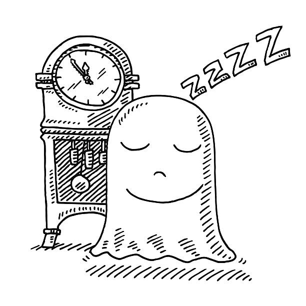 Sleeping Ghost Before Midnight Drawing Hand-drawn vector drawing of a Sleeping Ghost Before Midnight. A Pendulum Clock shows the time 5 minutes to midnight. Black-and-White sketch on a transparent background (.eps-file). Included files are EPS (v10) and Hi-Res JPG. sleeping drawings stock illustrations