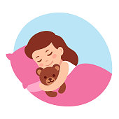Cute cartoon little girl sleeping with teddy bear. Simple vector illustration.
