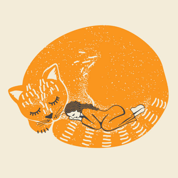 sleeping kitten and woman vector illustration sleeping silhouettes stock illustrations