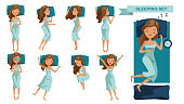 Sleeping woman set. Many views of sleep. Front, side, rear, top. lie on the tummy, Sleep on one's side, lie supine, Beautiful cartoon women Cute girl in pajamas Vector illustrations isolated