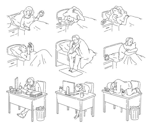 Sleepless people suffering from insomnia icon vector set isolated on white . People having trouble with sleeping and suffering from insomnia icon vector illustration set isolated on white background. Sleepless men and women line art characters. sleeping drawings stock illustrations