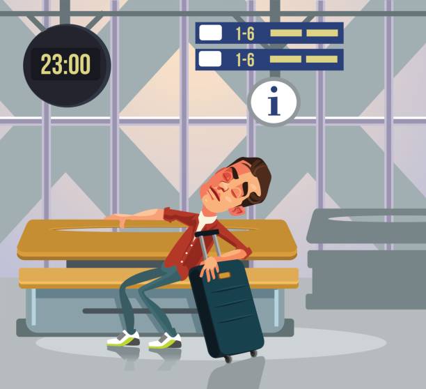illustrations, cliparts, dessins animés et icônes de somnolent touristique homme personnage dormant détente et attente transport - night lugage