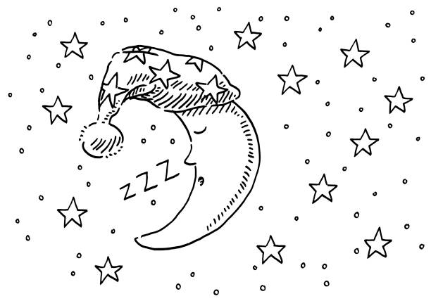 Sleepyhead Moon Night Sky Drawing Hand-drawn vector drawing of a Sleepyhead Moon on a Night Sky. Black-and-White sketch on a transparent background (.eps-file). Included files are EPS (v10) and Hi-Res JPG. sleeping clipart stock illustrations