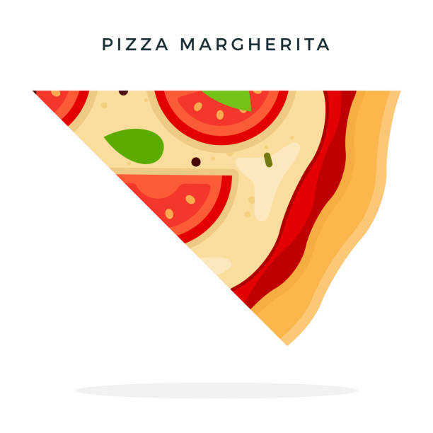 Slice of margarita pizza vector flat isolated Triangular slice of margarita pizza horizontally vector flat material design isolated on white margherita stock illustrations