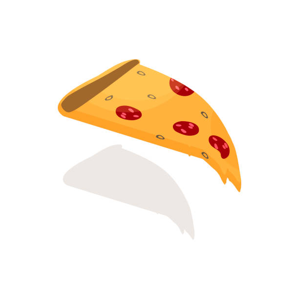 Slice of pizza with sausage and olives. Cartoon sticker. Vector. Decorations for greeting cards, posters, prints, emblems. Slice of pizza with sausage and olives. Cartoon sticker. Vector. Decorations for greeting cards, posters, prints, emblems margherita stock illustrations