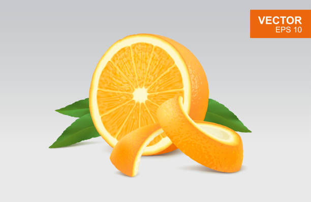 Slice of yellow orange realistic 3D illustration, design element Slice of yellow orange realistic 3D illustration, design element. Half of orange with leaf and peel citrus stock illustrations