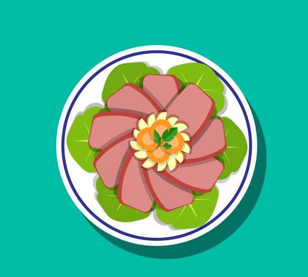 Sliced Corn beef and cabbage, Top view, vector Sliced Corn beef and cabbage on plate, Top view, vector corn beef and cabbage stock illustrations