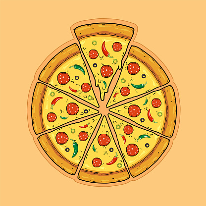 Sliced pizza with olives, peppers, sausage, salami and cheese. Flat vector illustration.