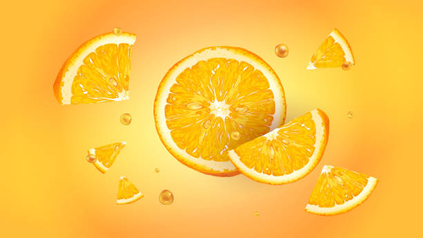 ilustrações, clipart, desenhos animados e ícones de fatias de laranja fresca com gotas de suco em voo. - orange